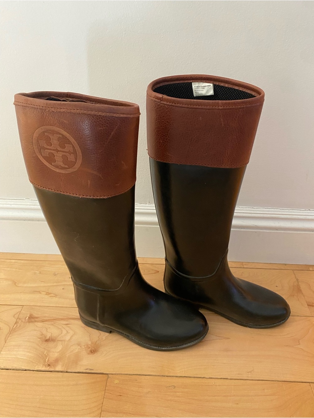 Tory Burch Black Rubber Rain Boots with Brown Leather Cuff